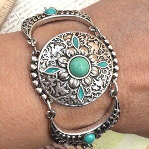 Lucky Brand Silver Faux Turquoise Southwestern Wide Chunky Bracelet Designer